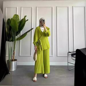 Sut Pakaian Wanita, Kimono Muslim, Diperbuat daripada Fabrik Kapas Tulen, Rekaan Tali, Seluar Kaki Lebar, Bergaya