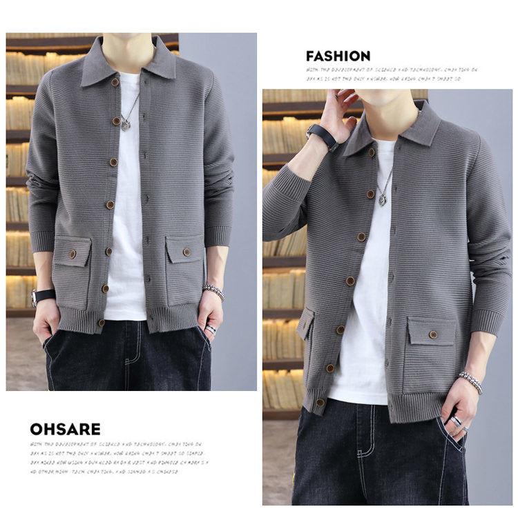 Product Introduction of Spring and Autumn Lapel Knitted Cardigan Men's Coat Trendy Casual Belt Button Solid Color Outerwear Sweater Men's Line Clothes Nam 22