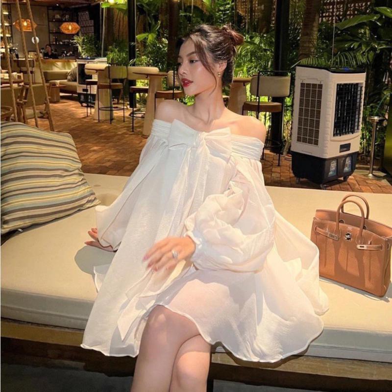  Women Dress quây đính nơ to tay bồng chất voan tơ đi biển Trắng đen đỏ xám   DG 4582 