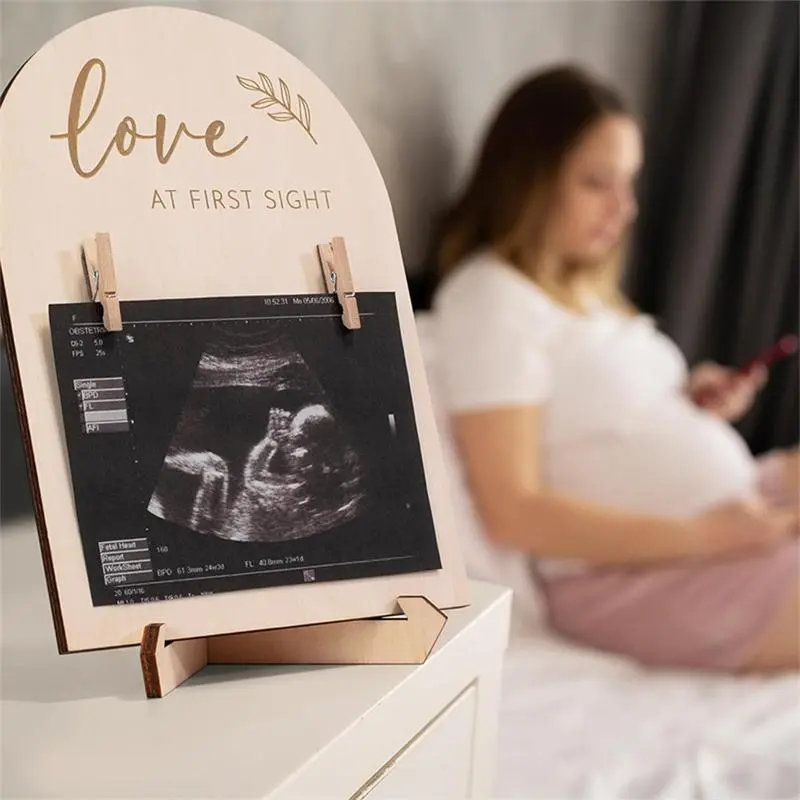 Wooden Ultrasonic Photo Frame, Fashion Double -sided Logo Announced Pregnancy or Baby's Birth Decoration (wooden Card+bracket+clip)