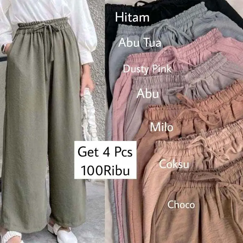 Paket Usaha GET 4Pcs 100Ribu  Celana  Panjang  Kulot Wanita  Tali Standar  Kain Crinckle   Airflow  Premium 60 Kg Crinkl Serut