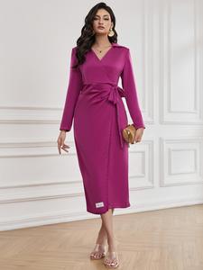 YOZY Women's Split Long Sleeve Notched Neck Belted Dress, Elegant Solid Wrap Split Longline Dress for Work Office Business, Ladies Spring & Fall Clothes