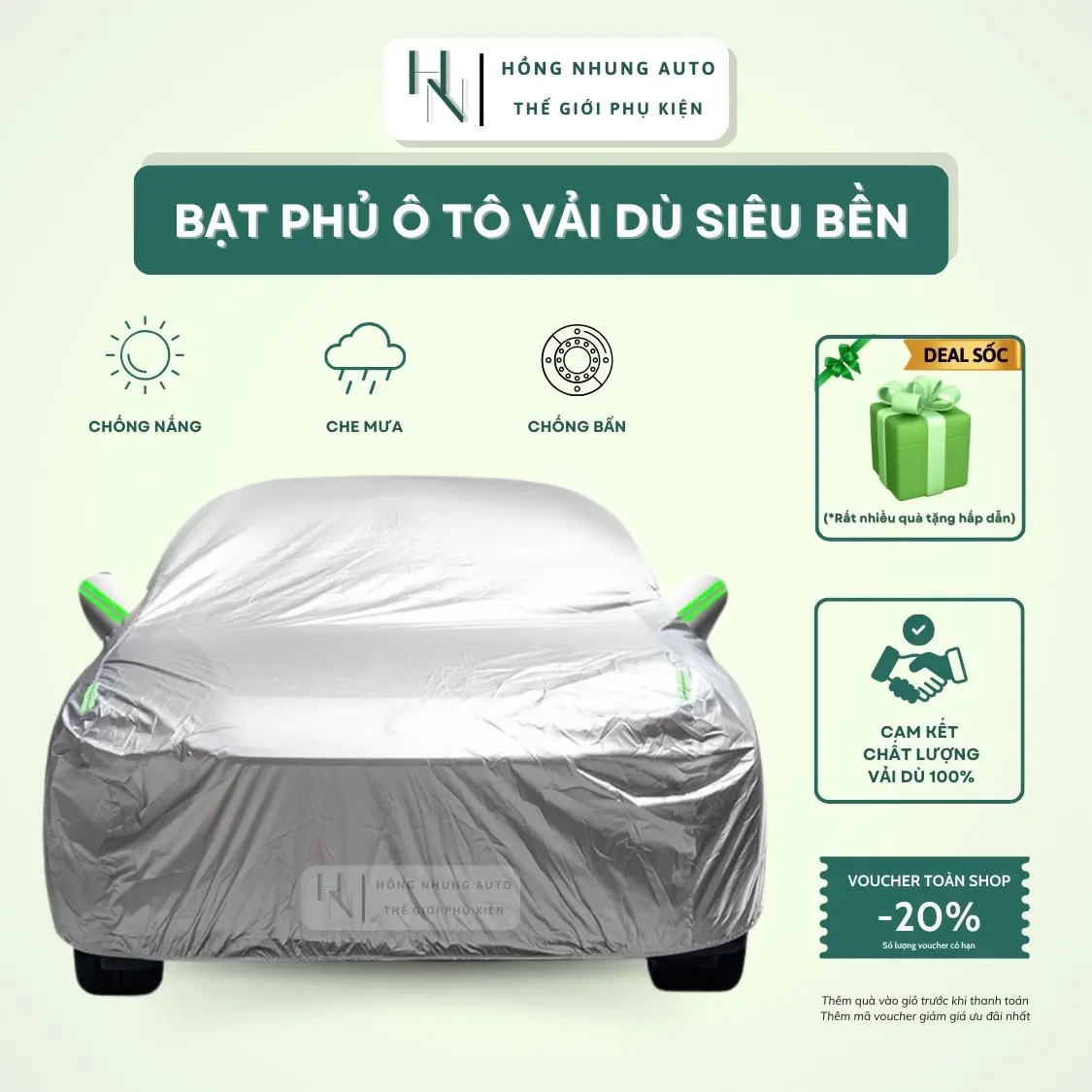 Bạt phủ ô tô vải dù siêu bền bảo vệ xe chống nắng - chống thấm nước - chống bụi bẩn - màu bạc cao cấp