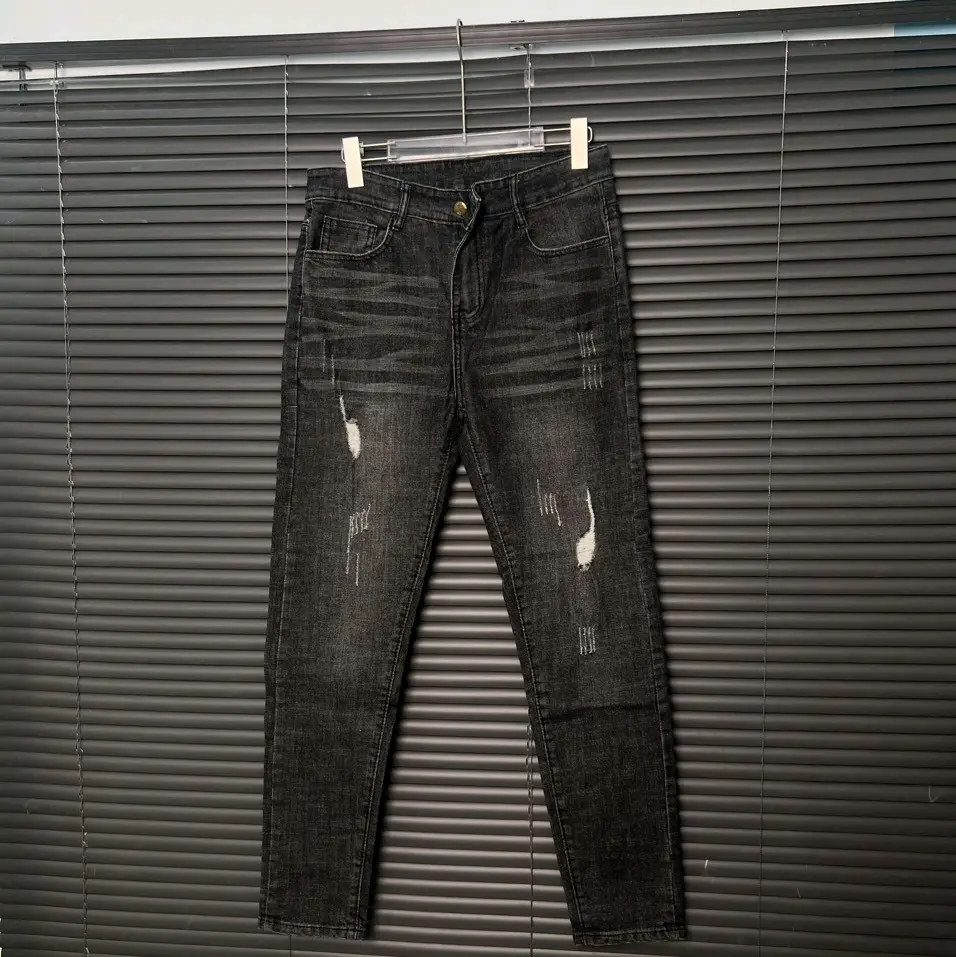 Quần Jean Nam Đen Xám  Xước Nhẹ, Chất liệu Demin Cotton Co Dãn Menswear Pants Có Túi