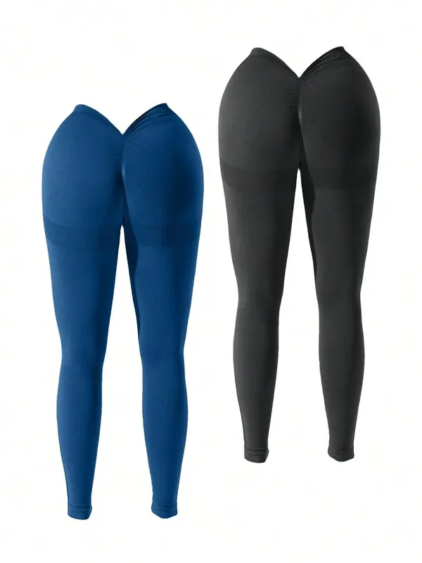 Women's Solid V-Cut Ruched High Waist Sports Leggings, High Stretch Scrunch Butt Yoga Tummy Control Leggings, Gym Clothes, Ladies Sportswear for Indoor Outdoor Wear 3