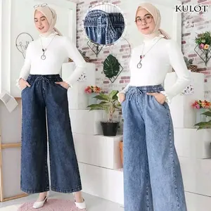 KULOT JEANS JUMBO ( M, L, XL, XXL ) SNOW TALI SERUT, PINGGANG KARET | KULOT LIPAT JEANS LIPAT PINGGANG FULL KARET Celana Wanita