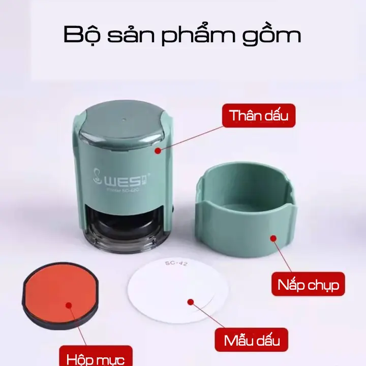 WES hãng dấu khắc công ty, logo theo yêu cầu cỡ dấu tròn 40x40 (Màu xanh, màu đỏ)
