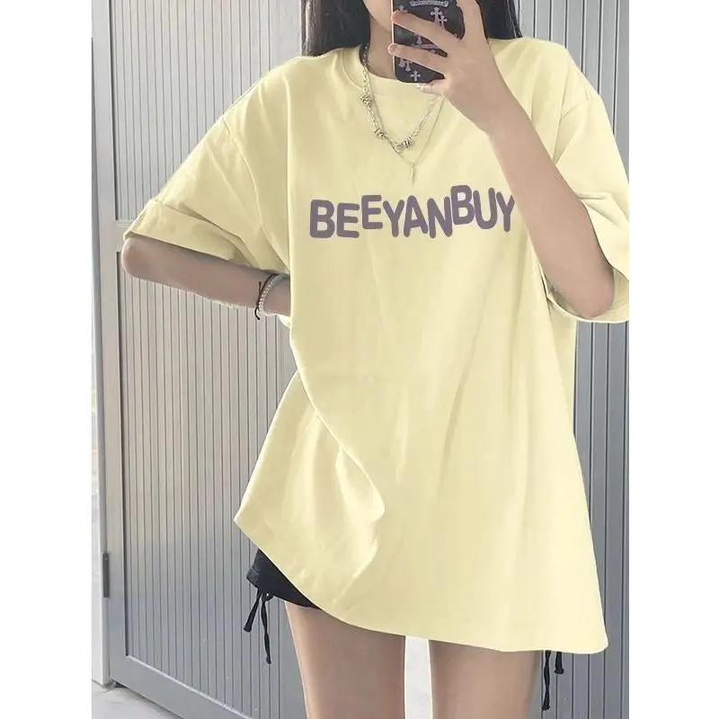 Áo Thun Phong Cách Mỹ Bán Chạy, ngắn Tay, Màu Be, In Chữ Bong Bóng Sữa, Dành Cho Nữ Sinh, Mặc Mùa Hè, Dáng Rộng Vừa Vặn, Áo Dễ Phối Đồ Phong Cách Hàn Quốc 0
