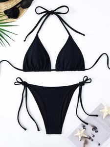 Conjunto de bikini de dos piezas para mujer, color sólido con cuello halter y lazo en la espalda, traje de baño casual chic para vacaciones en la playa, ropa de baño para todas las estaciones