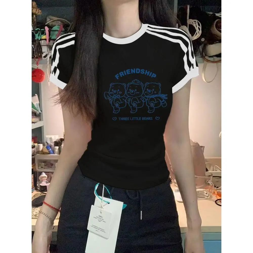 2024 Summer American Retro Short Sleeve T-Shirt for Women, Regular Shoulder, Short Style, National Trend, Ins Style, Elegant Pure Desire Top