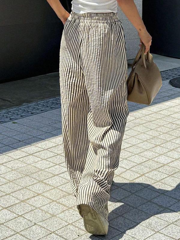 Women's Striped Print Drawstring Waist Wide Leg Pants, Casual Pocket Trousers for Daily Wear, Ladies Bottoms for All Seasons 5