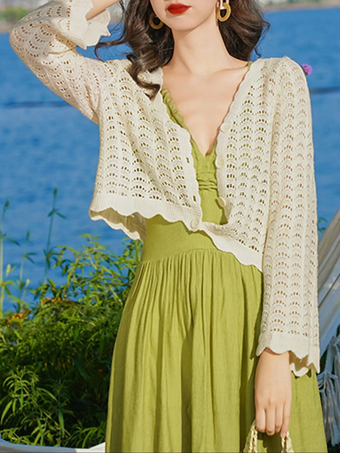Women's Plain Hollow Out Open Front Cardigan, Casual Long Sleeve Crochet Cardigan for Summer, Fashion Women's Knit Clothing for Daily Wear