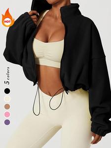 Women's Solid Zip Up Thermal Lined Sports Jacket, Casual Drop Shoulder Long Sleeve Stand Collar Outerwear for Fall & Winter, Ladies Sportswear for Indoor Outdoor Wear, Tracksuit for Women