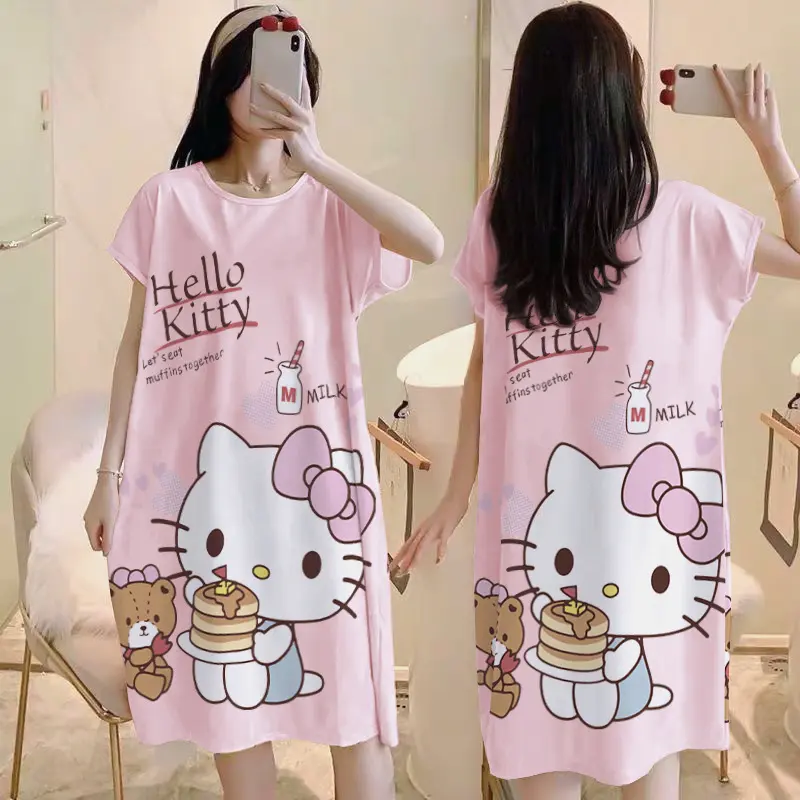 Summer Nightdress Women's Short-Sleeved Cartoon Cultural Skirt Korean Style Large Size Cute Sweet Girl Outerwear Homewear