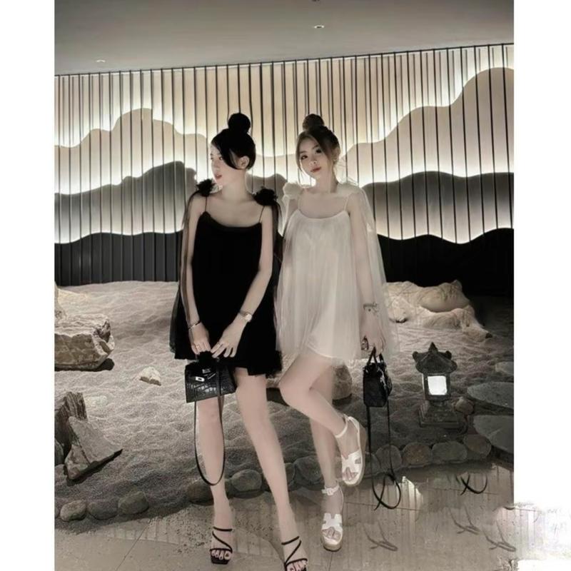  Đầm 2 Dây Babydoll Dập Li Đính Nơ 