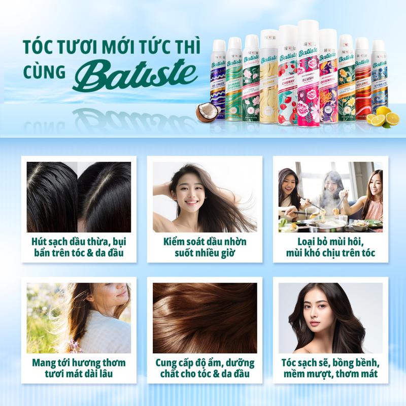 Dầu Gội Khô Batiste Dry Shampoo Giảm Bết Dính, Mồ Hôi Tóc Sạch Thơm Bồng Bềnh 200ml, 50ml 2