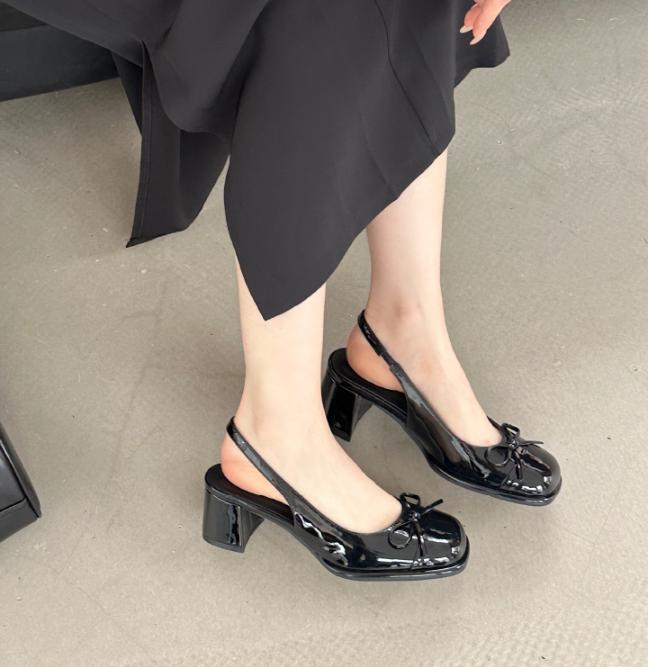 (Chân thon lùi 1sz) Giày Slingback mũi vuông 5 Phân Chất Da Bóng Mềm Đính Nơ Thời Trang V142 - Phong Cách & Sự Thoải Mái - Shoes