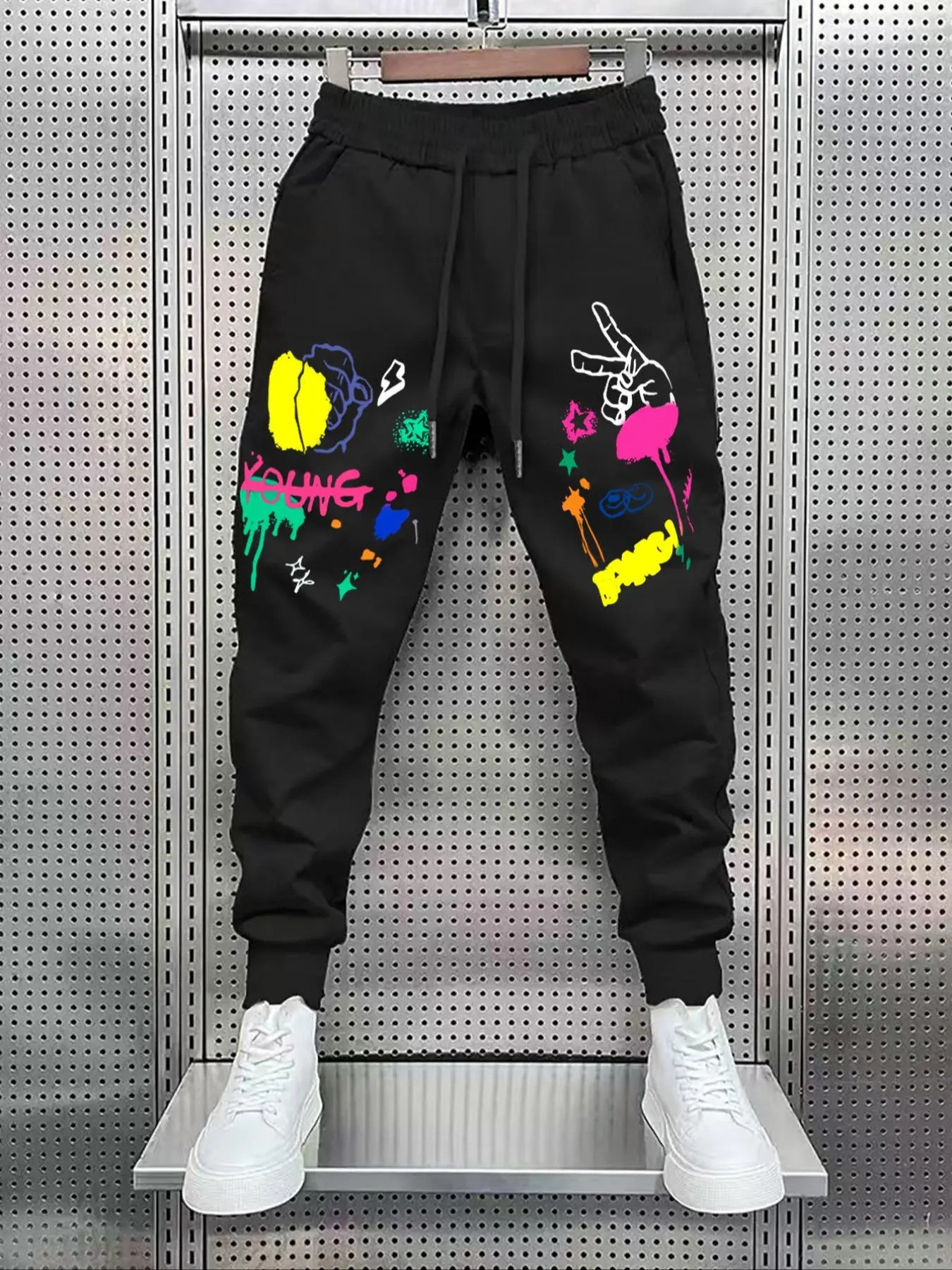 Men's Cartoon Print Drawstring Waist Sweatpants, Regular Fit Street Kangaroo Pocket Jogger Pants for Fall & Winter, Men's Trousers for Daily Wear