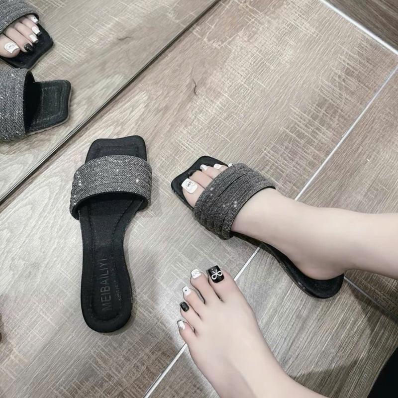 Dép nữ quai ngang đính đá 3 dây đế bệt sang trọng , dép kiểu nữ đẹp DéP Shoes giay dep
