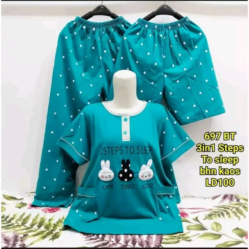 Baju tidur //piyama 3in1 kancing hidup 1Kaos 2Celana pendek dan Panjang Nyaman dan murah Kaos Celana