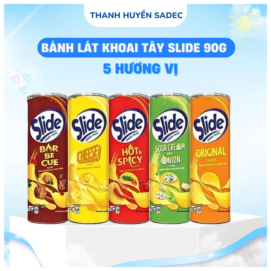 Bánh Lát Khoai Tây Chiên Slide Vị Phô Mai, Thịt Nướng, Tự Nhiên, Thơm Cay, Kem Chua-Hành 90g – 5 Hương Vị Hấp Dẫn, Giòn Tan Khó Cưỡng