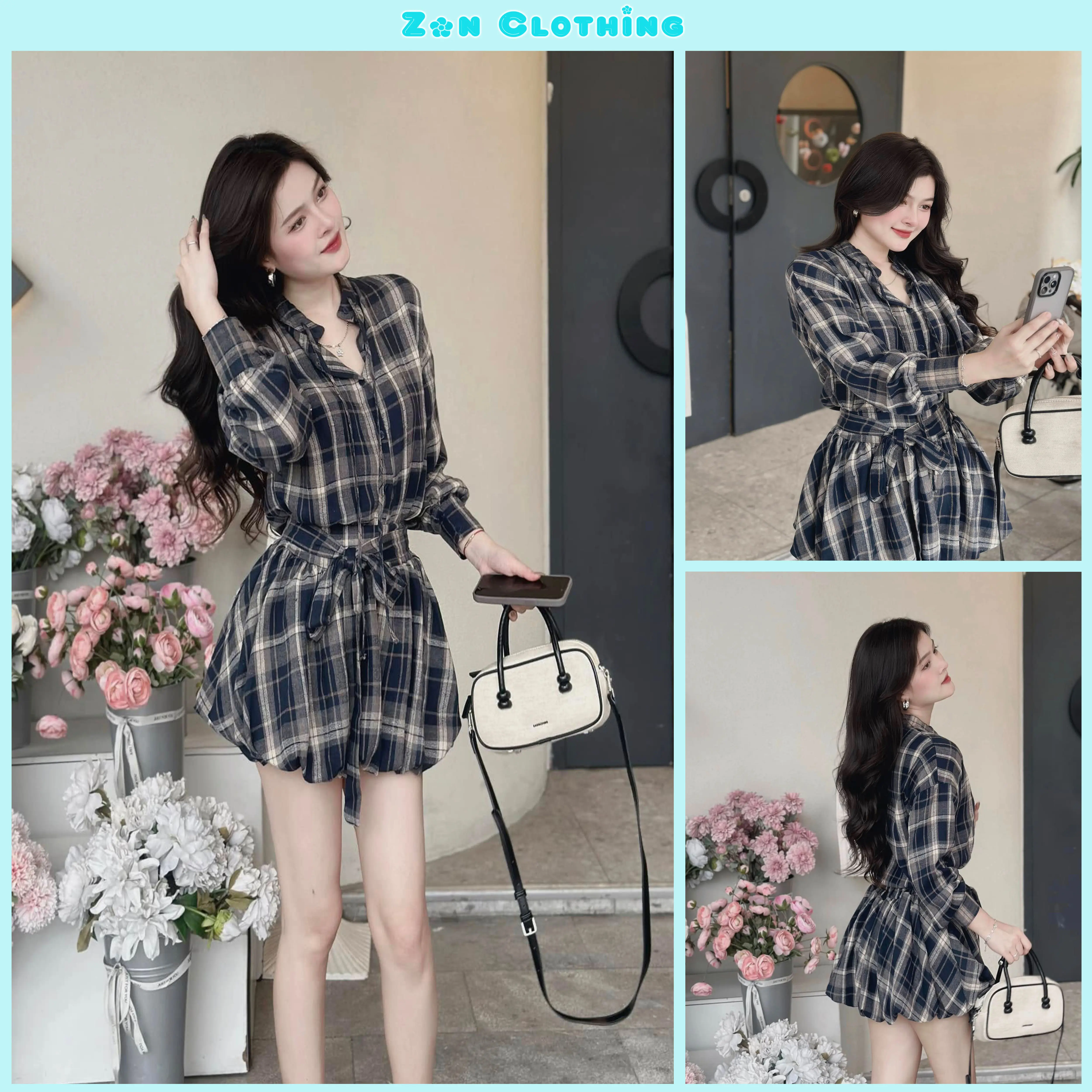 Set Váy Kẻ Caro Bí Phống Cổ Tàu Thắt Nơ Đồ Bộ Nữ Thiết Kế Voi Top Nữ By Zon Clothing Z004
