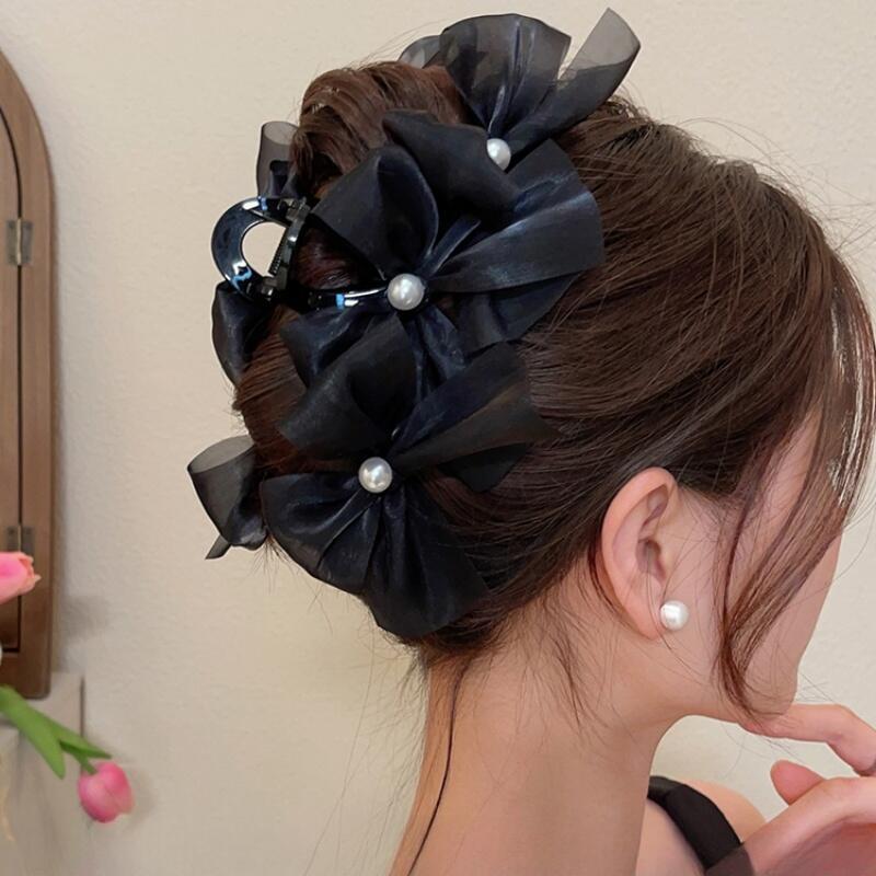 Korean Fashion Pearl Mesh Claw Girl Back of Head Hair Clip for Women Bow Hairpin 1
