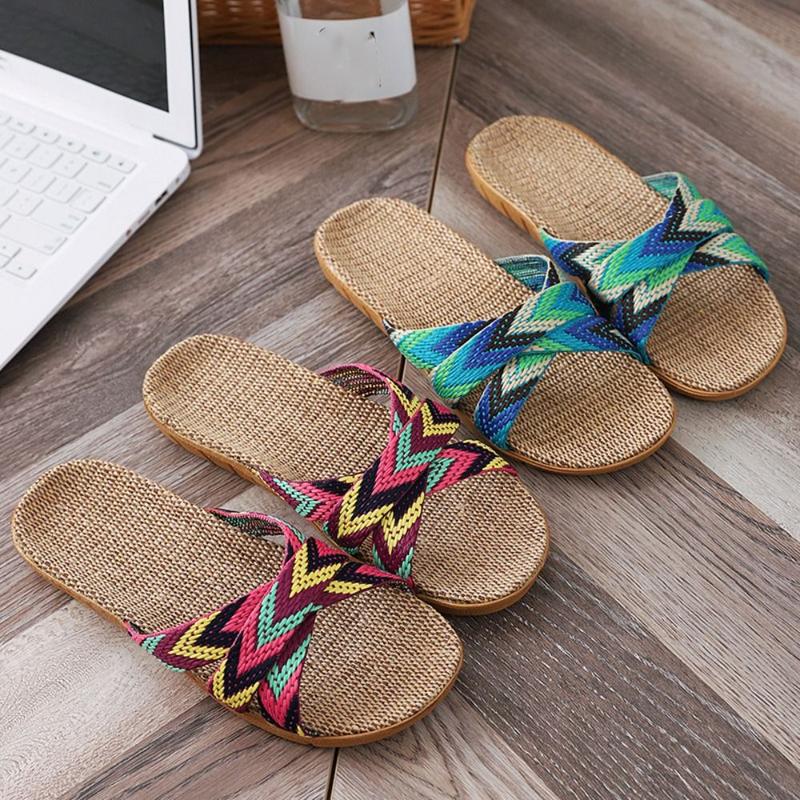 Product Introduction of Fashion Ethnic Style Linen Slippers Non-Slip Stripe Indoor Slippers Sweat Absorption Soft Flat Slippers Bedroom 16