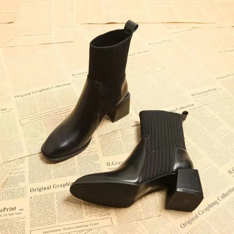 Bốt Da Ngắn Cho Nữ, Bốt Gót Chunky Mũi Vuông, Một Lớp, Gót Giữa, Phong Cách Pháp, Màu Đen, Mềm Mại, Mùa Thu Và Mùa Đông, Mới 2024, Boot 0