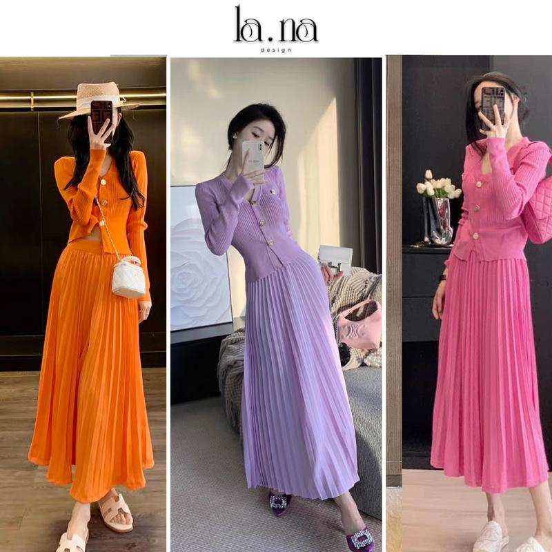Set váy Nữ thiết kế cao cấp La.Na bánh bèo dài tay nữ tính dáng xòe chất liệu Áo len dệt hàn Chân váy chéo hàn màu tím nhạt tôn da - SV185