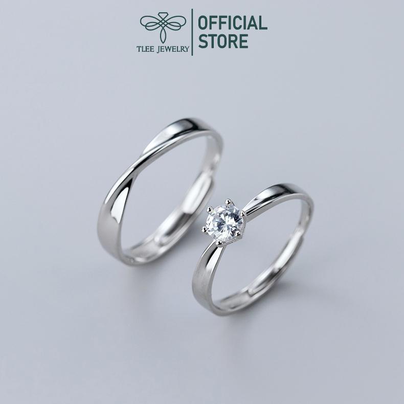  Nhẫn đôi bạc TLEE mẫu thân viền trơn trụ đá sau chấu TLEE JEWELRY ND0102 