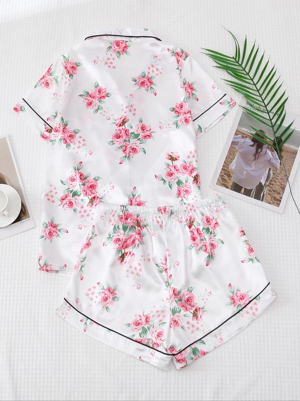 Women's Floral Print Contrast Binding Pyjama Set, Chic Satin Collar Button Up Blouse & Elastic Waist Bow Front Shorts, Summer Sleepwear Set 1