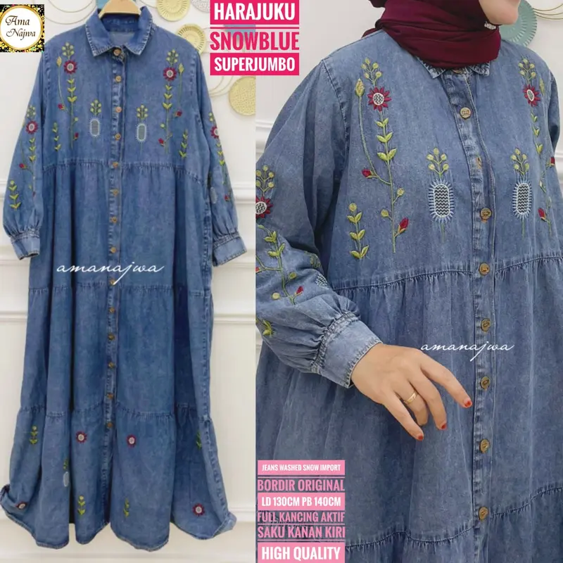 Gamis Jeans Wanita Muslim Terbaru Ld 130 cm Pj 140 cm Bahan Halus Rempel Bawah Kancing Depan Aktif Lengan Panjang Bordir Original Best Seller Recommended Fit Kerja 4