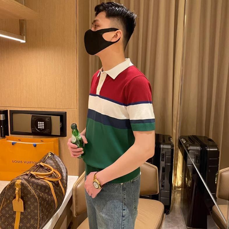 Áo Thun Dệt Kim, Thiết Kế Khối Màu Sọc, Cao Cấp, Dành Cho Nam Giới, Trang Phục Mùa Hè, Hợp Xu hướng, Công Sở, Cá Tính, Cổ Áo bẻ xuống, Áo Polo, Làm Bằng Lụa Lạnh, ngắn Tay Áo, Thích Hợp Cho Nam Giới