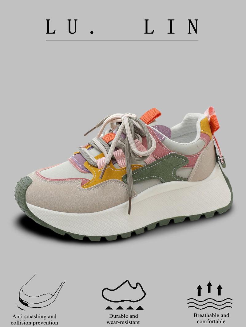 Product Introduction of Women's Fashionable Colorblock Lace Up Low Top Sneakers, Casual Comfortable Breathable Sports Running Shoes, All-match Non-slip Sneakers for Daily Wear 9