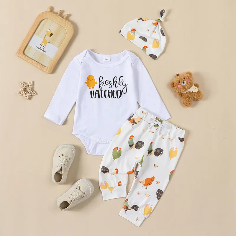 Baby Girls Boys Fall Outfits Letter Chick Print Long Sleeve Rompers Rooster Hen Print Long Pants Hat 3Pcs Clothes Set