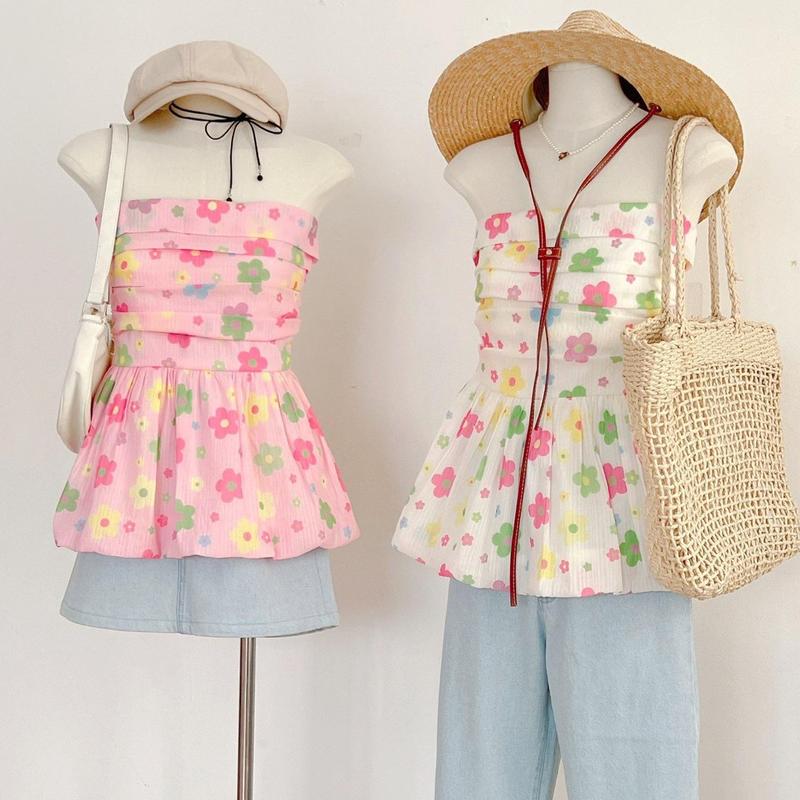 Áo Ống Babydoll Joy Top Lưng Thun Hoa Nhí Dáng Phồng Vải Tơ Voan Lót Lụa Nữ