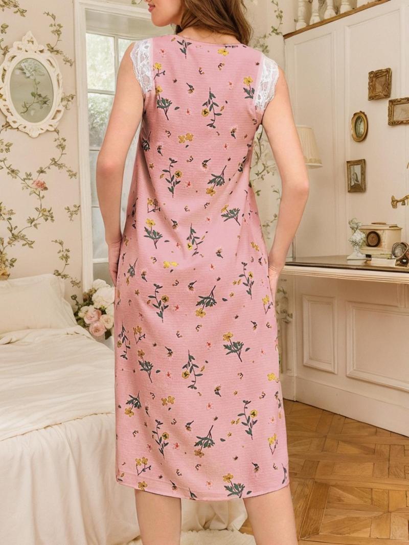 Product Introduction of Women's Ditsy Floral Print Contrast Lace Cami Nightdress, Casual Soft Comfortable Square Neck Sleeveless Nightgown for Summer, Fashion Ladies' Sleepwear for Daily Wear 4