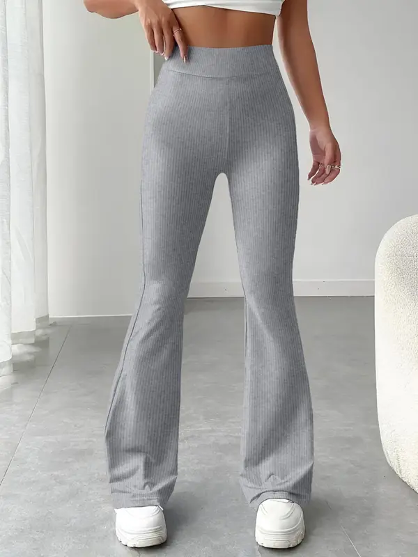 Women's Solid Ribbed Flare Leg Sports Pants, Casual Comfy High Waist Bell Bottom Trousers for Daily Wear, Ladies Bottoms Clothing for All Seasons 4