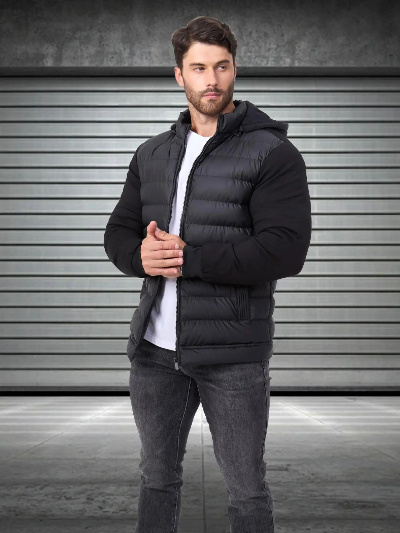 Men's Regular Fit Patchwork Zip Up Hooded Coat, Casual Long Sleeve Pocket Outerwear for Fall & Winter, Men's Clothes for Daily Wear