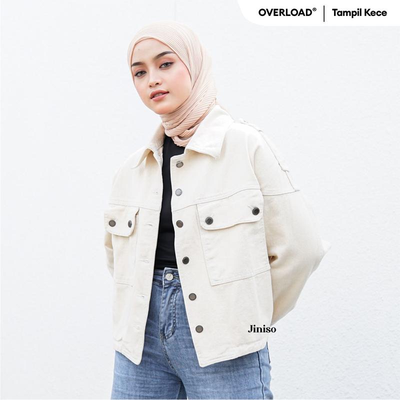 JINISO Jaket Crop Jeans Oversize Pocket Khaki 1