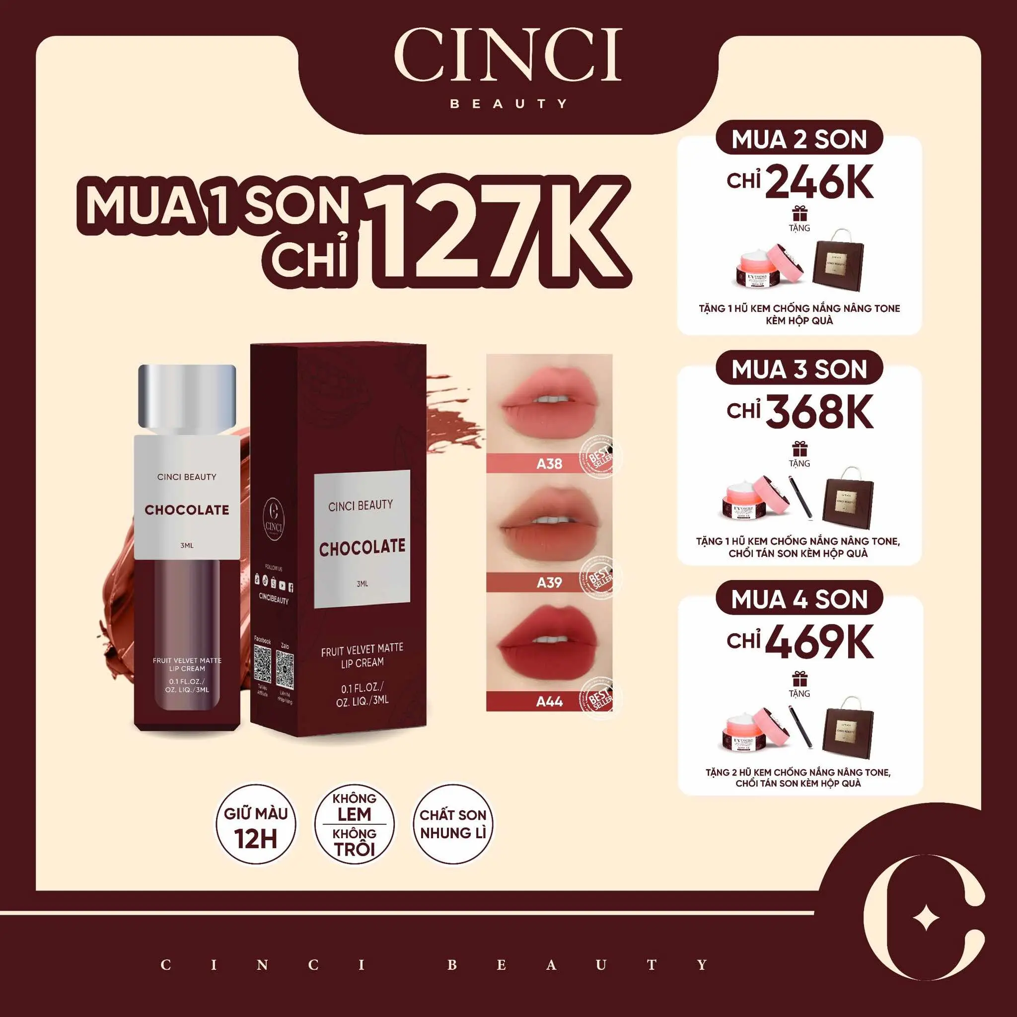 SON KEM LÌ CHOCOLATE - CINCIBEAUTY - 3G - CHẤT SON KEM BÙN ĐẶC NHUNG LÌ - MỊN - MỀM MÔI