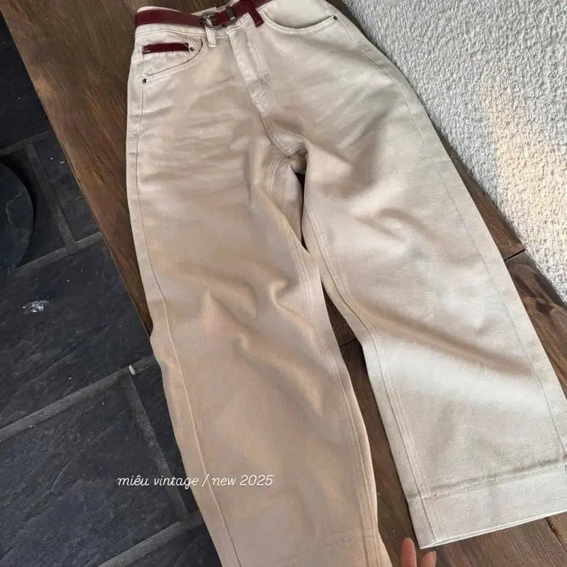 ￼Quần Bò Jeans Nữ Ống Rộng Phối Đỏ Cạp Cao Siêu Hách Dáng Cực Đỉnh - Ong, Women