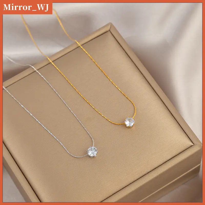 Gold-Plated Non-Fading Minimalist Six-Claw Diamond Necklace for Women, Titanium Steel Non-Fading Niche Light Luxury Single Diamond Zircon Simple Versatile Clavicle Chain