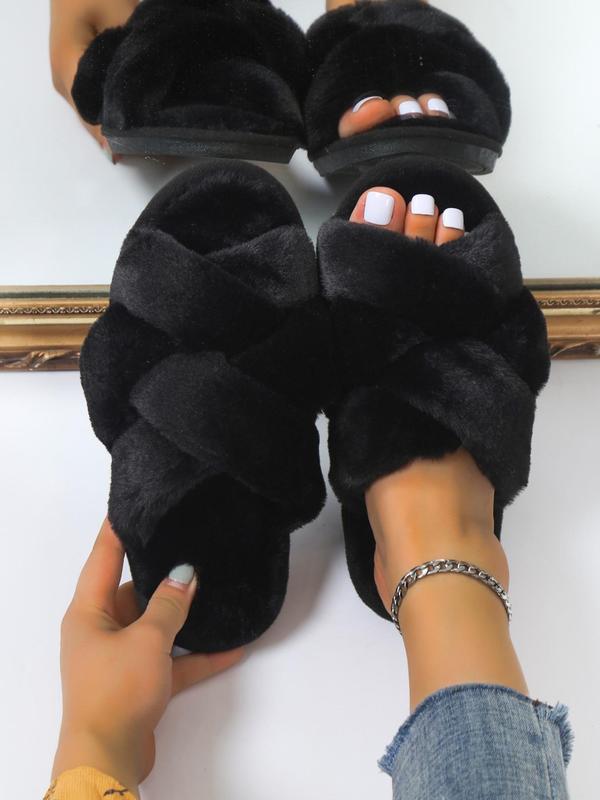 Women's Fashionable Plain Criss Cross Design Soft Slippers, Simple Design Warm Plush Slippers for Fall & Winter 3