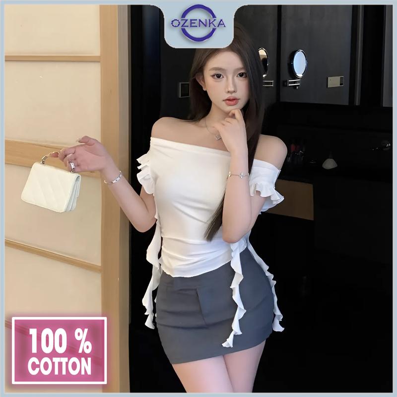 Áo croptop trễ vai kiểu ôm gợi cảm nữ mặc hè Ozenka áo crt hở vai tay bánh bèo nữ tính sang chảnh cotton đen trắng Jean Sơ Mi