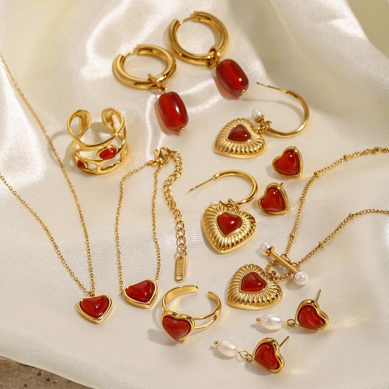 Vòng Cổ Trái Tim, Chất Liệu Thép Không Gỉ 18K, Mặt Dây Chuyền Và Hoa Tai Agate Đỏ, Phong Cách Độc Đáo Nhẫn, Cao Cấp 2