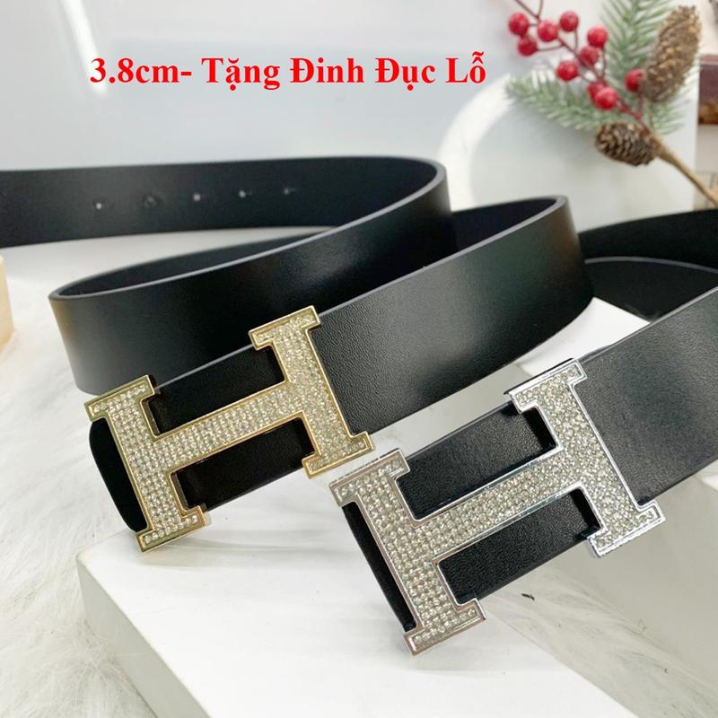 Thắt lưng nam dây nịt da bò khóa chữ h bấm lỗ đính đá bản dây 3.8cm tặng đinh đục lỗ