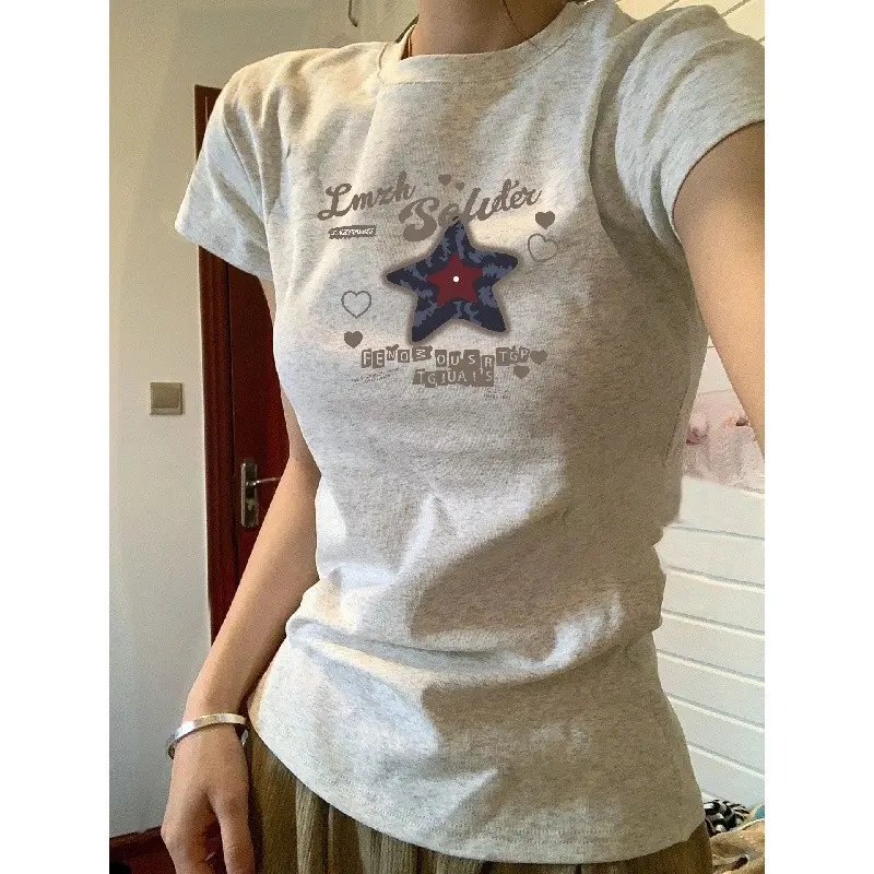 [100% Cotton] Áo Thun Nữ Ngắn Tay, % Cotton, In Hình Em Bé, Nữ, Retro Hàn Quốc, YK, Dáng Ôm Women Top Nhung Voi Kem Jean