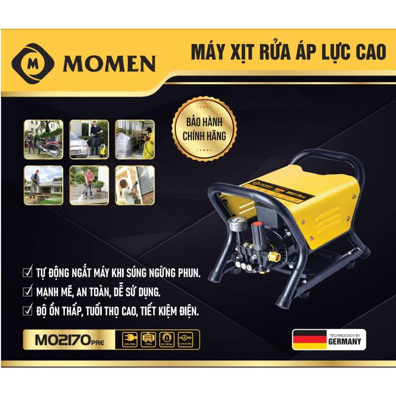 COMBO Máy Xịt Rửa Áp Lực Cao Momen MO2170pre + 01 Lọ Dung Dịch Rửa Xe 3300ml- Có Chỉnh Áp Đầy Đủ Phụ Kiện + Lõi Đồng + Dây Lõi Thép Dài 15m + PC Hạn Chế Rò Rỉ Điện + Bảo Hành 12 Tháng